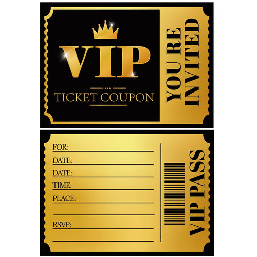 20 VIP party invitations, double-sided gold and silver, themed birthday celebration invitation cards, paper tickets for various - Big Tim's Magic Emporium