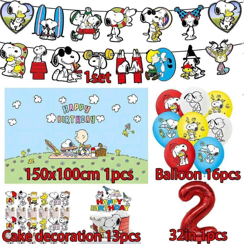 Cartoon Snoopys Birthday Decoration Set Banners Cake Toppers Balloons Backdrops Kids Birthday Gifts Baby Shower Party Supplies