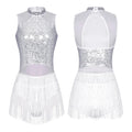 Women Sequins Diamond Latin Jazz Dance Costume Sleeveless Cutout Back Flowy Tassel Dress Leotard Tango Cha-Cha Samba Dancewear