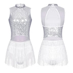 Women Sequins Diamond Latin Jazz Dance Costume Sleeveless Cutout Back Flowy Tassel Dress Leotard Tango Cha-Cha Samba Dancewear