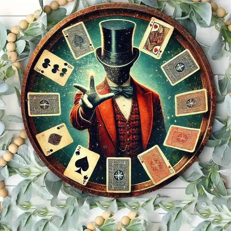 2D Flat, 1pc Vintage Magic Show Metal Wall Plaque - 7.8" Round Aluminum Art with Mysterious Wizard & Playing Cards Design, Durab