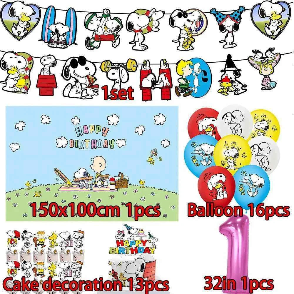 Cartoon Snoopys Birthday Decoration Set Banners Cake Toppers Balloons Backdrops Kids Birthday Gifts Baby Shower Party Supplies