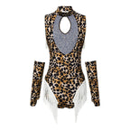 Leopard Cutout Bodysuit & Fringe Sleeves 2-Piece Latin Ballroom Stage Costume Set