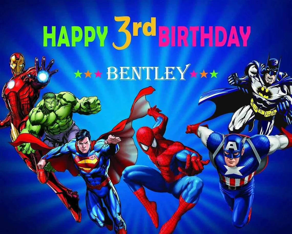 Customized Photography Studio Props Cartoon Superhero City Background Fecoration Children's Happy Birthday Outdoor Party Banner