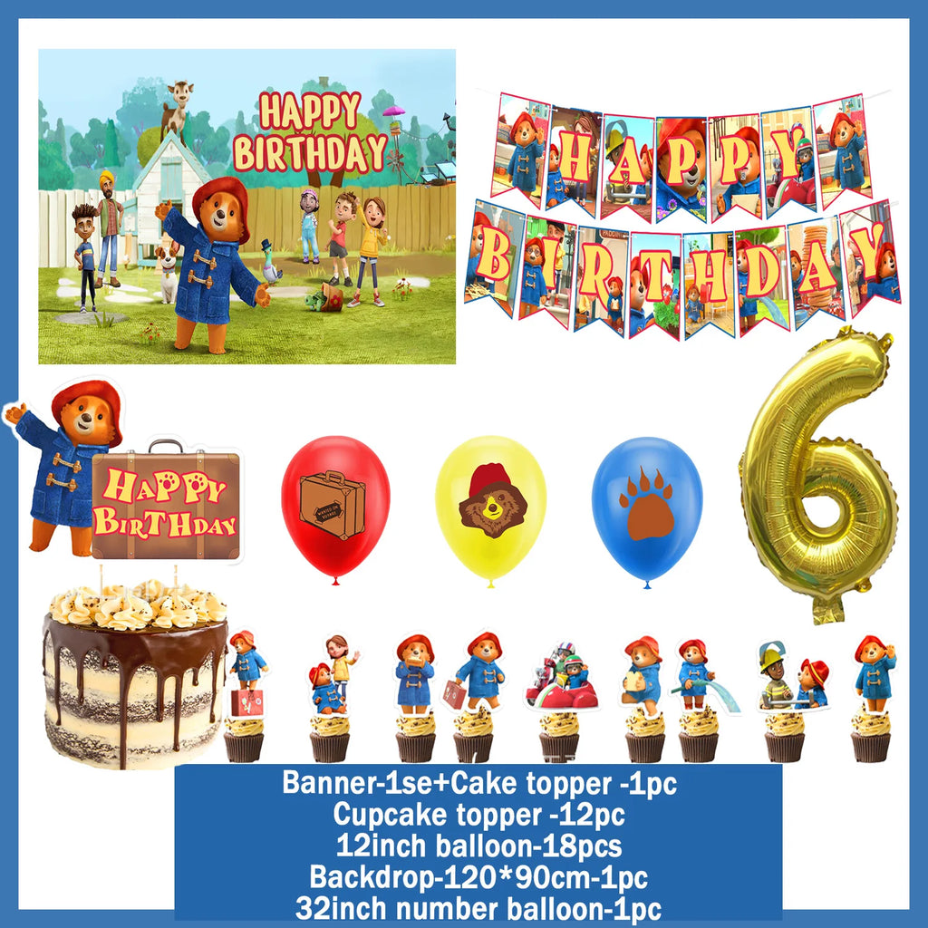 Cartoon&Paddingtons Party Supplies Happy Birthday Banner Bears Balloons Cupcake Toppers Backdrop Kids Birthday Baby Shower Gift