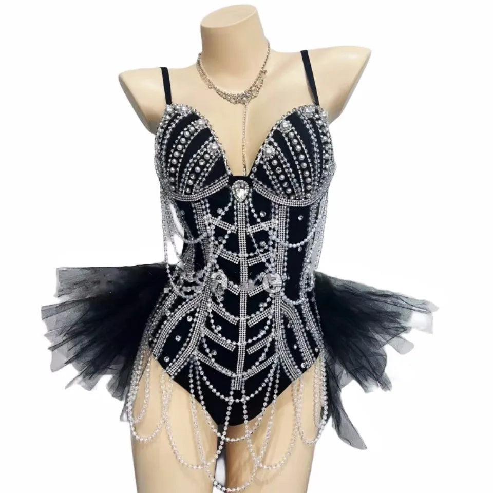 Black Beaded Chain Fringe Showgirl Bodysuit – Glamour Stage & Festival Performance Costume