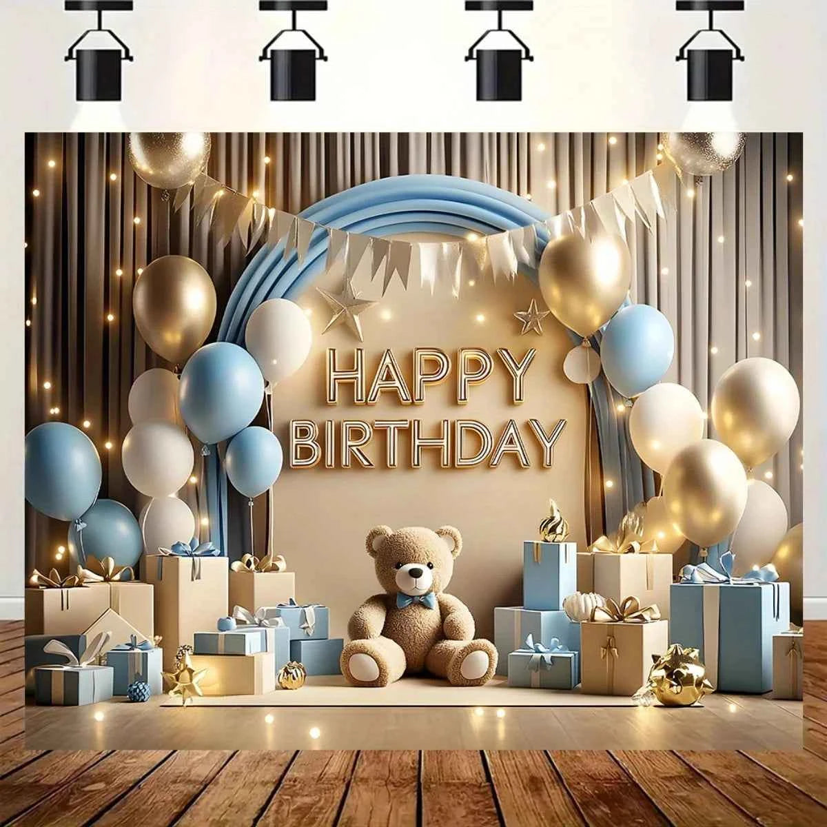 1 "Happy Birthday" background banner - a vibrant party decoration featuring balloons, gift boxes and teddy bear designs