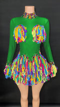 Rainbow Crystal Rhinestone Bodysuit Cascading Fringe Tassel Long-Sleeve Stage Costume