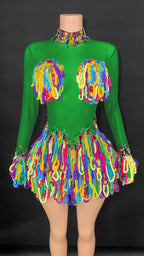Rainbow Crystal Rhinestone Bodysuit Cascading Fringe Tassel Long-Sleeve Stage Costume