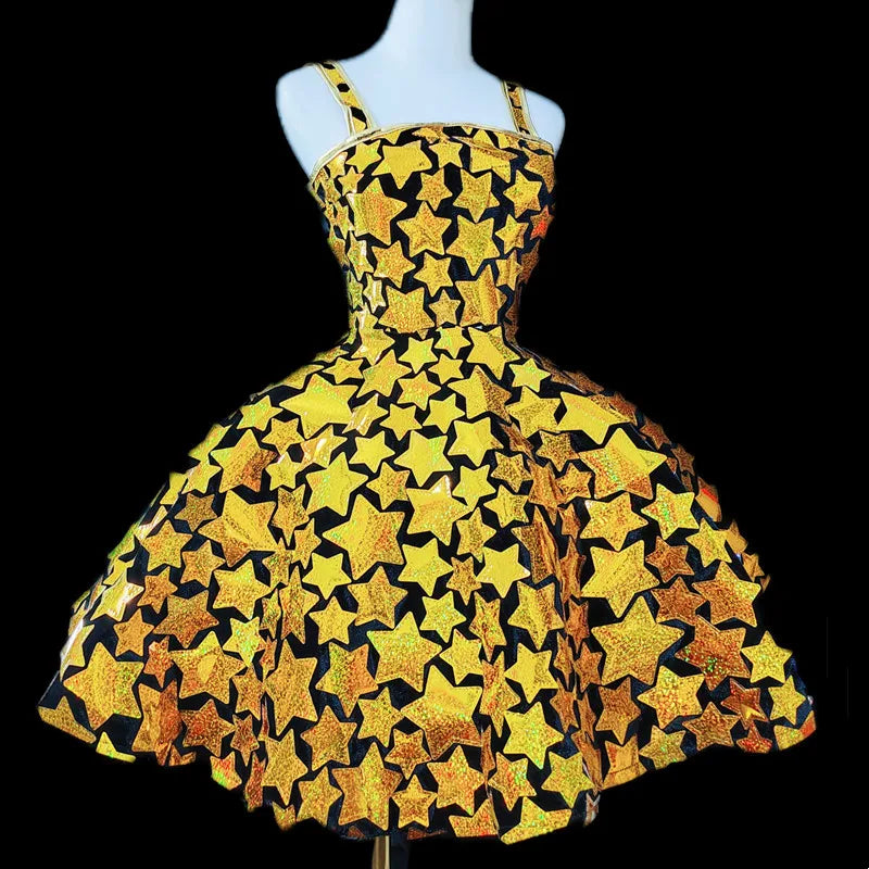 Gold & Silver Sequin Flared Mini Showgirl Dress – Glamour Stage & Performance Skater Costume