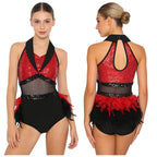Women's Shiny Sequin Sheer Mesh Feather Latin Jazz Dance Bodysuit