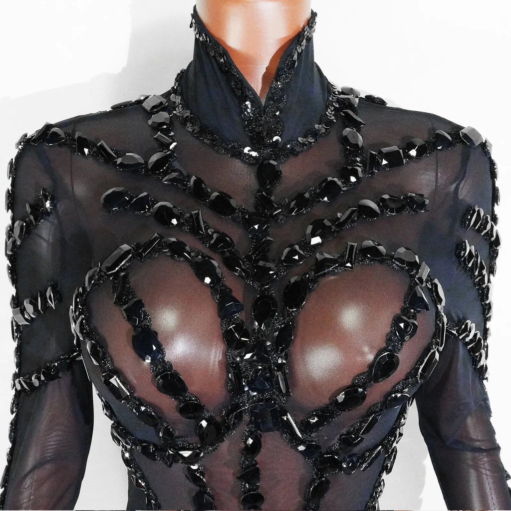 Rhinestone Mesh Jumpsuit Costume Set