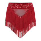 Rhinestone Tassel High-Waist Dance Shorts & Sheer Mesh Fringe Skirt
