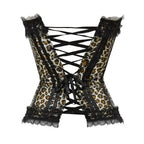 Leopard Satin Overbust Corset Lace Bowknot Clubwear Showgirl Body Shaper