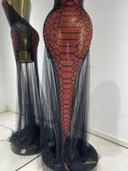 Claret Red Snakeskin Rhinestone Halter Gown Backless Mesh Illusion Evening Maxi Dress