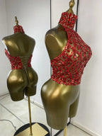 Sparkly Rhinestones Sequins Mesh Laced-Up Back Top
