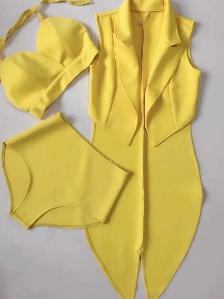Female Jazz Dance Team Costume Black Yellow Bikini Tailcoat 3 Pieces Set Women Singer Nightclub Sexy Stage Wear Cosplay Outfits
