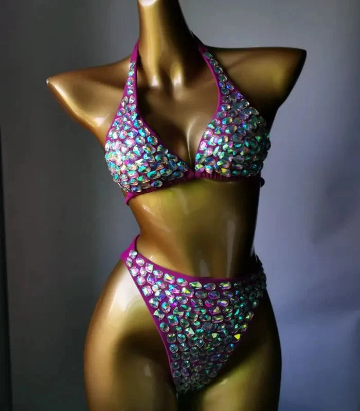 Nightclub Bar Sexy Disco Pole Dance Crystal Bikini Costume DJ Dancer Club Party Rave Outfit Pink Rhinestones Bra Set Stage Wear