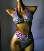 Nightclub Bar Sexy Disco Pole Dance Crystal Bikini Costume DJ Dancer Club Party Rave Outfit Pink Rhinestones Bra Set Stage Wear