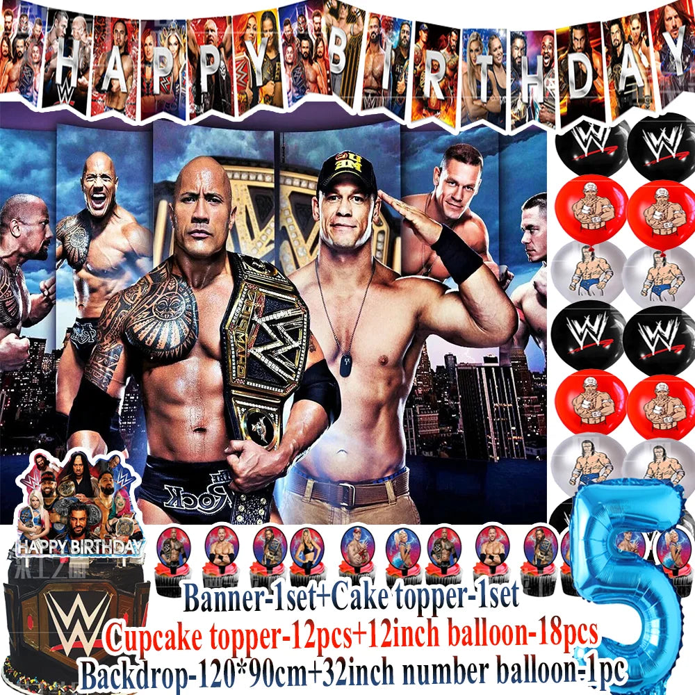 Sport-&Wrestling&Triathlon Boys Birthday Party Supplies Decor Boxing Match Balloon Cake Topper Banner Backdrop Baby Shower Props