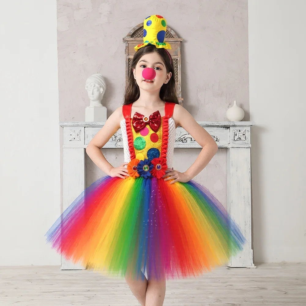 Clown Multicolored Circus Costume for Girls Funny Joker Halloween Tutu Dress Kids Fancy Birthday Party Pageant Carnival Clothes - Big Tim's Magic Emporium