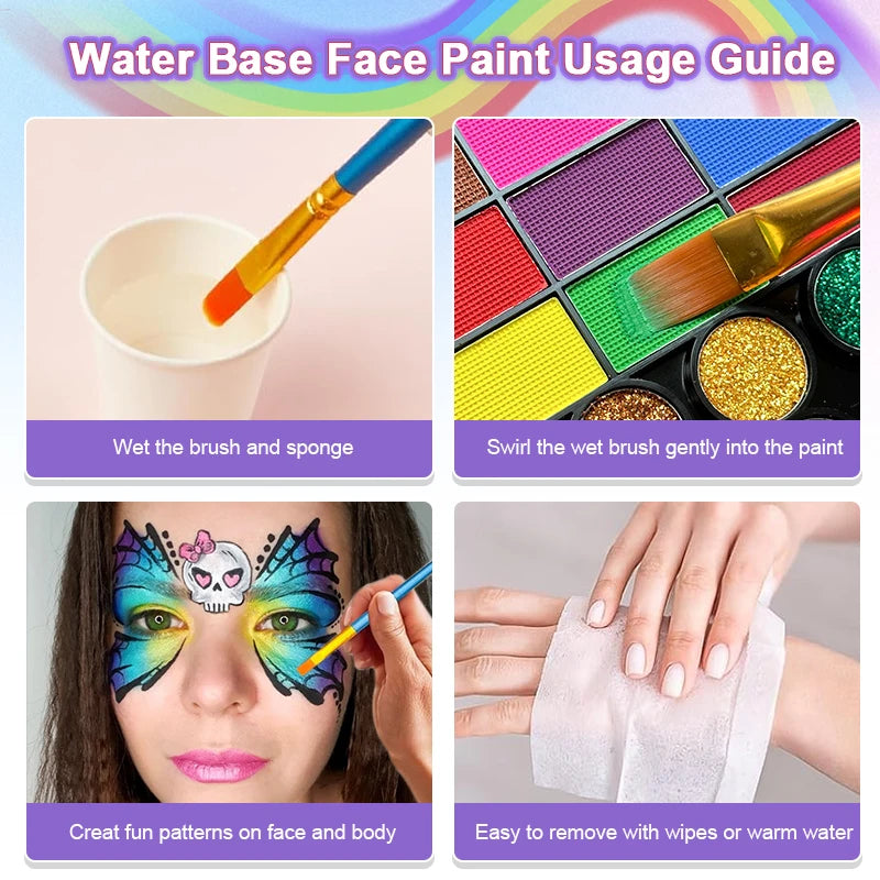 42 Colors Water-Based Face Paint Palette Neon Fluorescent Shades with Glitter Sequins for Art, Festivals, Cosplay Makeup