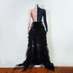 Black Rhinestone One-Shoulder Bodysuit & Trailing Tulle Train Stage Costume Set