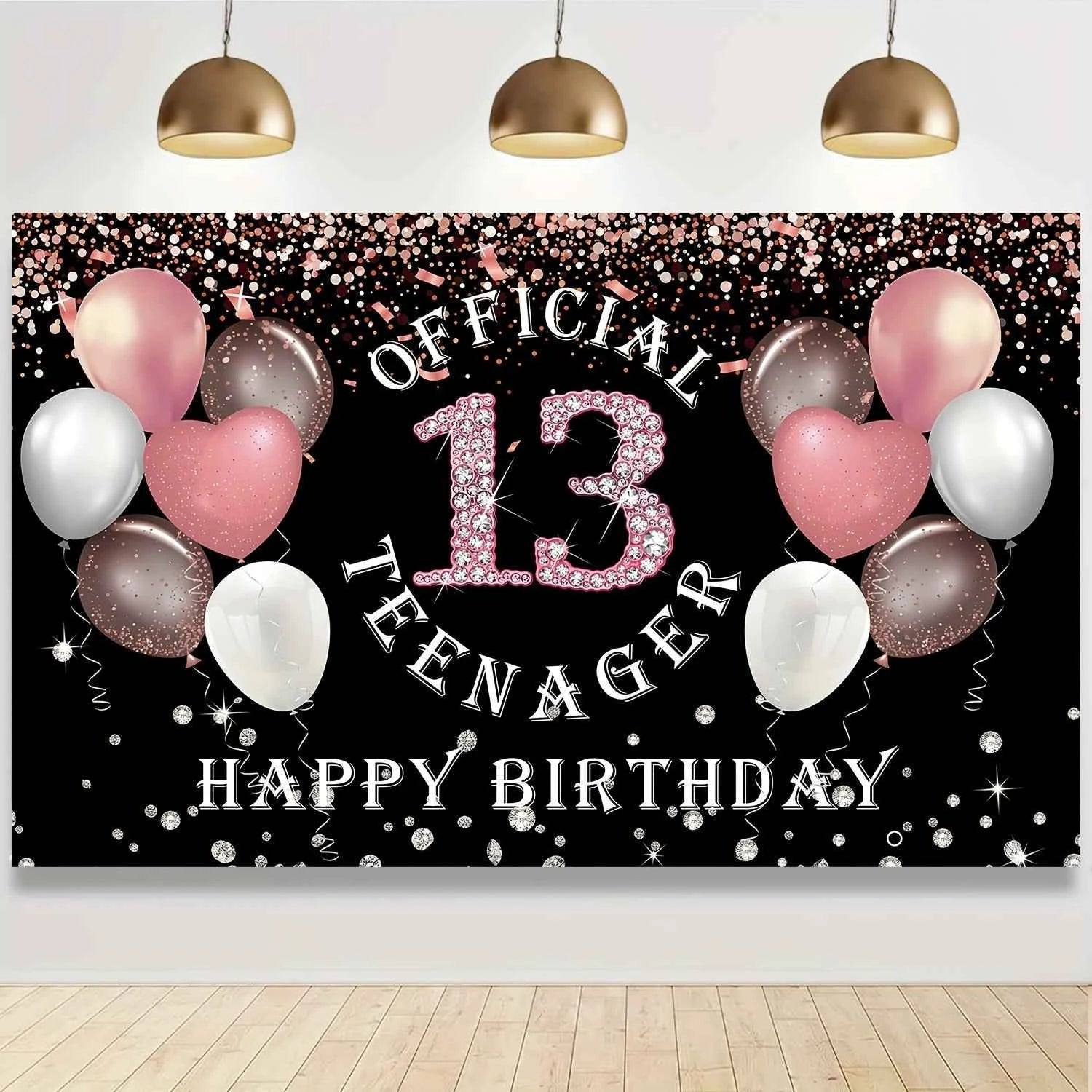 Rose gold girl's 13th birthday decoration, birthday party supporting photography background, 13th birthday party supplies