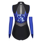 Sparkly Sequin Mock Neck Dance Leotard & Gloves Two-Piece Bodysuit Set