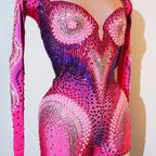 Luxury Pink Rhinestone long sleeve bodysuit Dancer Stage Wear Perform Show Girl Sheer Drag Queen Outfit Bar Nightclub