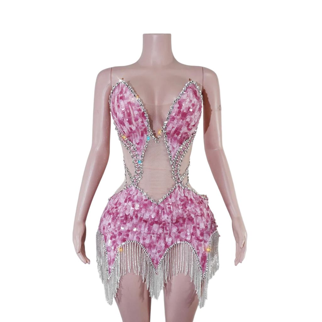 Sequin Beaded Tassels Mini Dress Crystals Mesh Bodycon Stage Performance Outfit