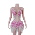 Sequin Beaded Tassels Mini Dress Crystals Mesh Bodycon Stage Performance Outfit