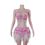 Sequin Beaded Tassels Mini Dress Crystals Mesh Bodycon Stage Performance Outfit