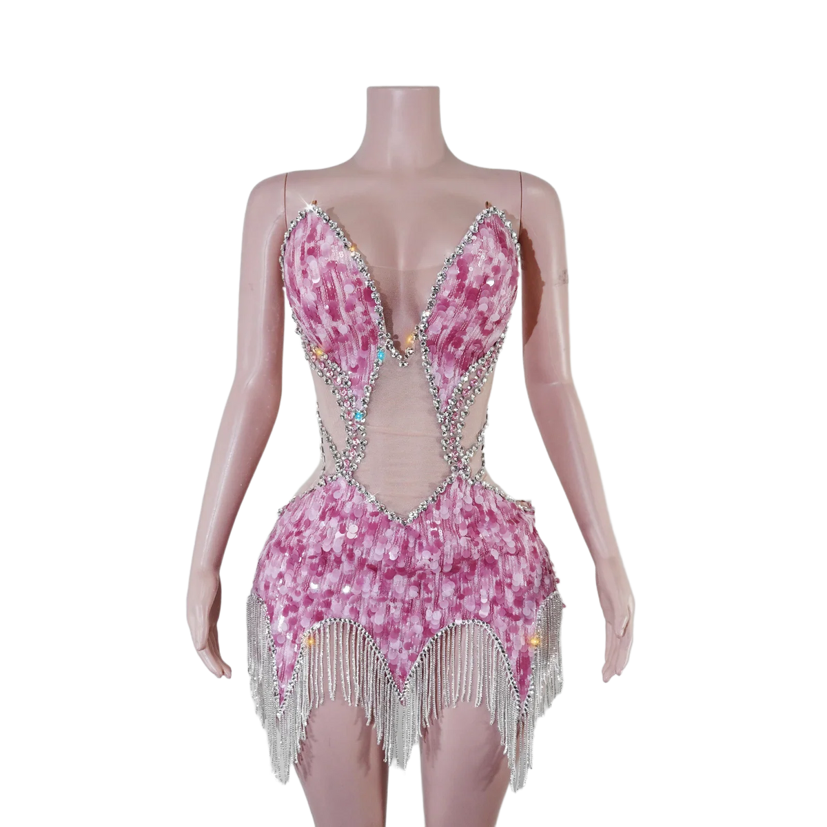 Sequin Beaded Tassels Mini Dress Crystals Mesh Bodycon Stage Performance Outfit