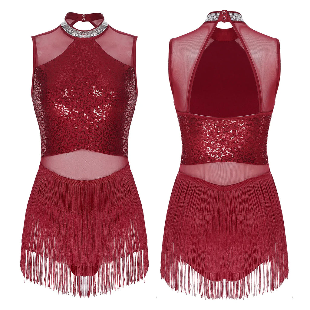 Women Sequins Diamond Latin Jazz Dance Costume Sleeveless Cutout Back Flowy Tassel Dress Leotard Tango Cha-Cha Samba Dancewear