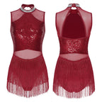 Women Sequins Diamond Latin Jazz Dance Costume Sleeveless Cutout Back Flowy Tassel Dress Leotard Tango Cha-Cha Samba Dancewear