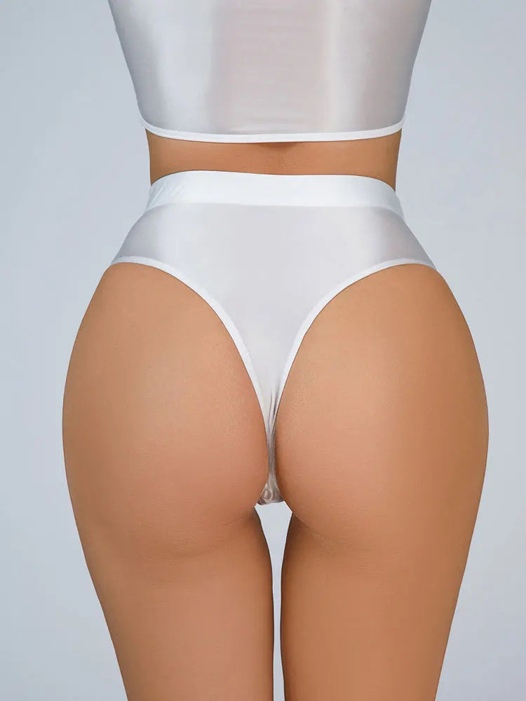 High-Waist Oil Glossy Sheer G-String Thong Satin Smooth Seamless Briefs