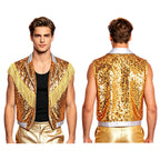 Men's Metallic Sequin Tassel Open-Front Vest Lapel Collar Sleeveless Stage Dance Waistcoat