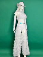White Faux Fur Halter Top, Flare Chaps Pants, Long Gloves & Hat 4-Piece Stage Dance Costume Set