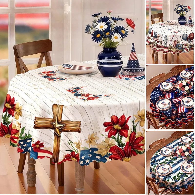 4th of July Tablecloth, Patriotic Independence Day American Flag Oval White, Blue for Outdoor BBQ Party Family Gathering