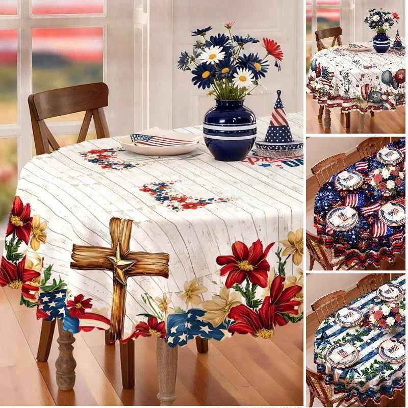 4th of July Tablecloth, Patriotic Independence Day American Flag Oval White, Blue for Outdoor BBQ Party Family Gathering
