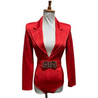 Women's Long Sleeve Blazer Bodysuit with Crystal Belt, V-Neck Zipper Stage & Concert Performance Costume