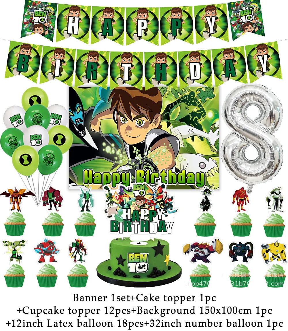 Cartoon Ben-10 Birthday Party Decoration Balloons Favor Set Banner Cake Toppers Baby Shower Boys Gift Party Supplies Photo Prop