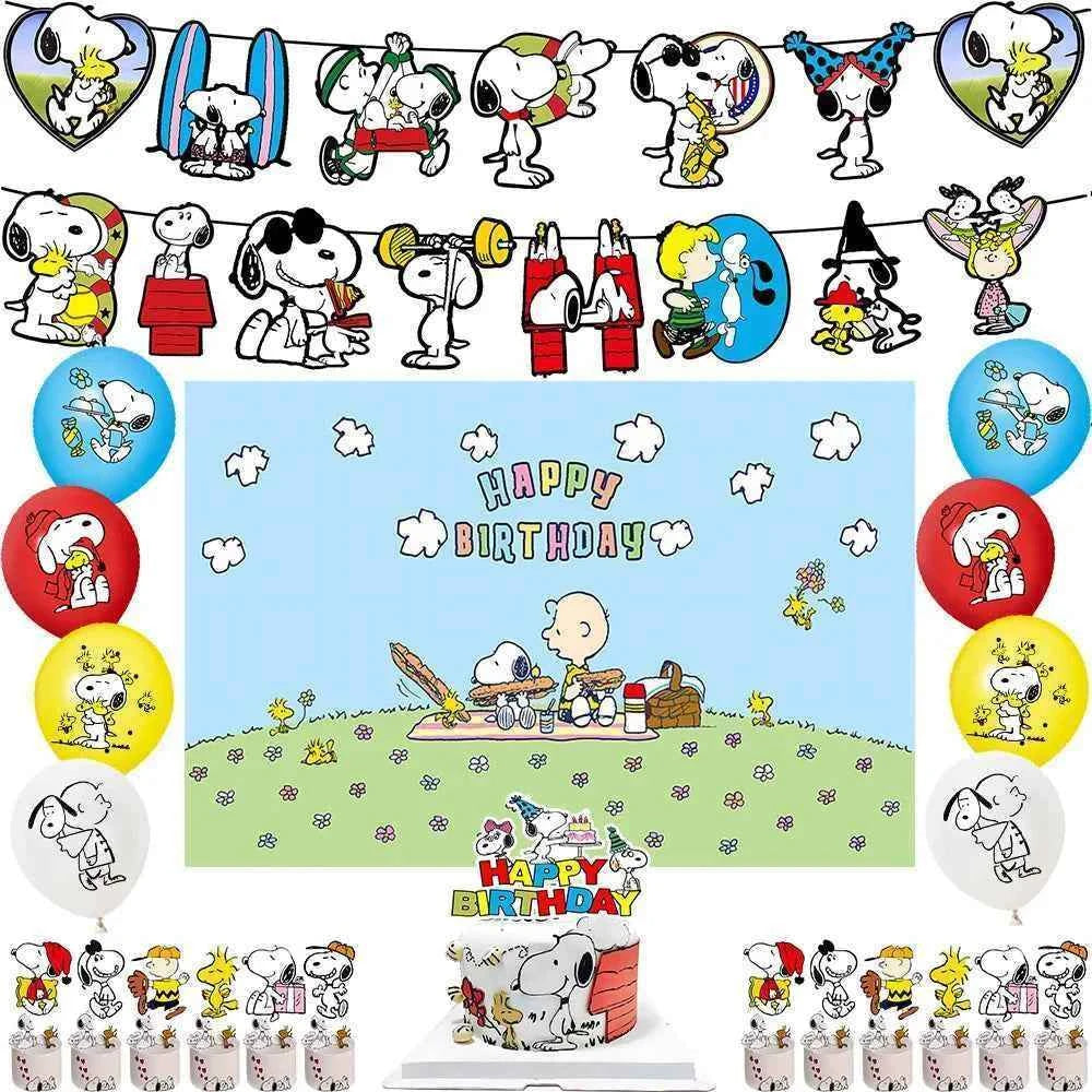 Cartoon Snoopys Birthday Decoration Set Banners Cake Toppers Balloons Backdrops Kids Birthday Gifts Baby Shower Party Supplies