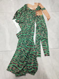 Irregular Single Sleeve Leopard Jumpsuit Green Tight Women Singer Stage Wear Nightclub Party Stage Performance Costume