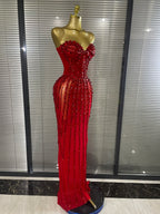 Sparkly Crystal Women Sexy Strapless Mesh See Through Long Maxi Bodycon Dress Elegant Evening Party Birthday Wedding Wear
