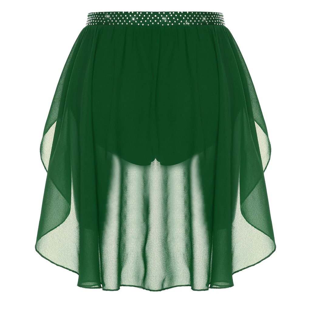 Womens Modern Lyrical Dance Skirt Performance Costume Sparkly Rhinestone Irregular Chiffon Hem Built-in Briefs Skirt Dancewear
