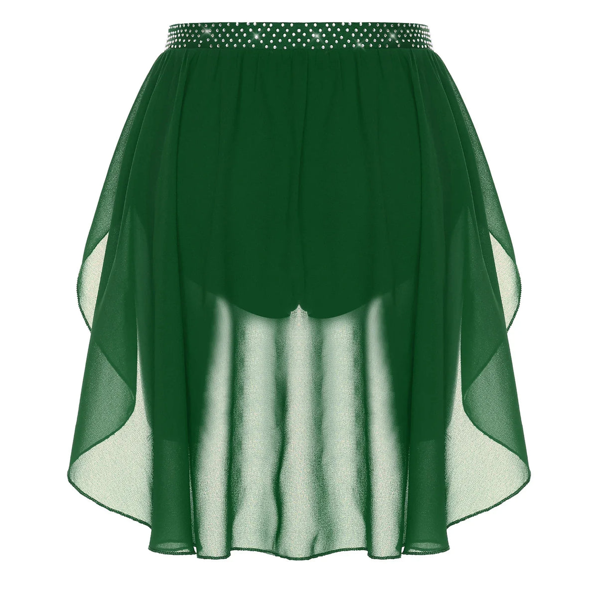 Womens Modern Lyrical Dance Skirt Performance Costume Sparkly Rhinestone Irregular Chiffon Hem Built-in Briefs Skirt Dancewear