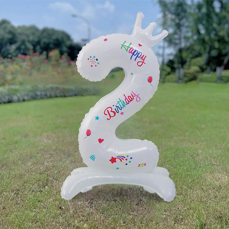 Birthday Digital Balloon White Standing 32 inch Happy Birthday Printed Aluminum Film Birthday Party Crown Balloon