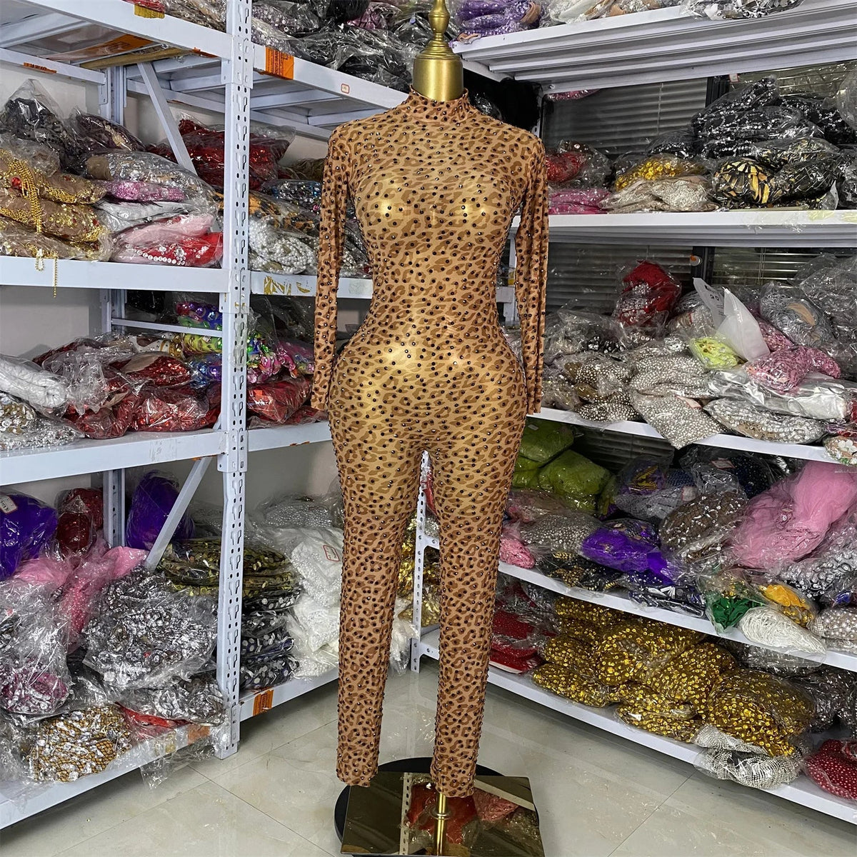 Leopard Print Rhinestone Catsuit Long Sleeve Stage Performance Jumpsuit